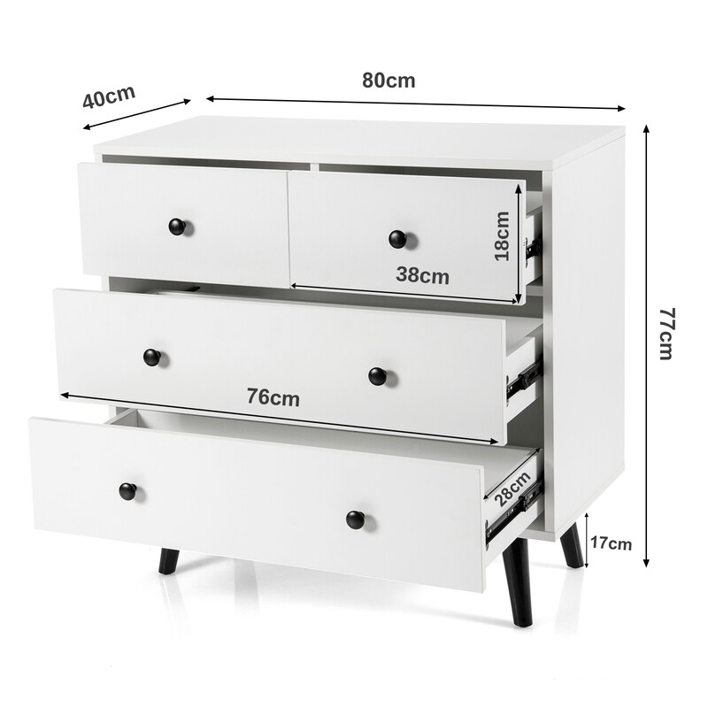 Byrå med fyra lådor i trä, modern vit förvaringslösning för hemmet