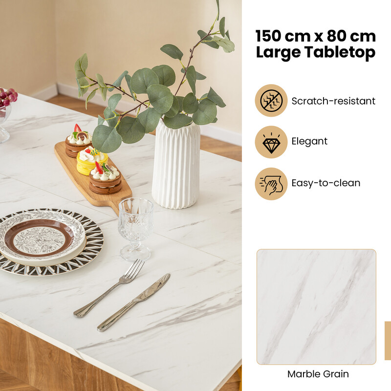 Matgrupp i 4 delar med marmorbord, 2 stolar och bänk i vit och guld