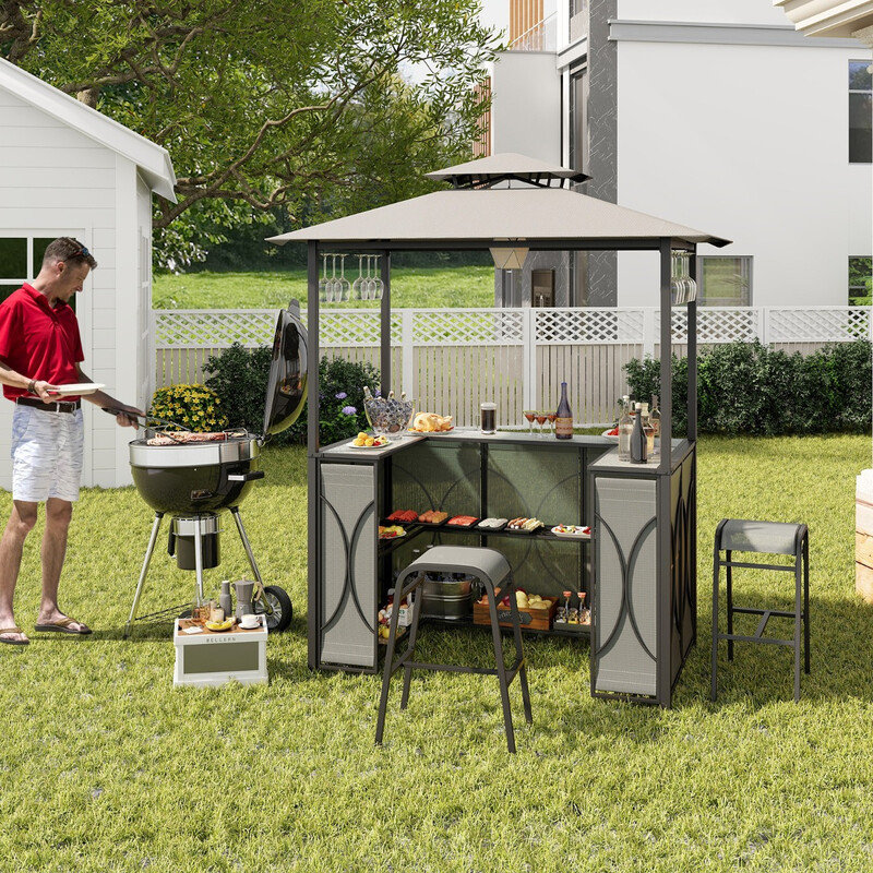 Bartisch med 2 barstolar och metallhyllor för trädgård, grå grillpaviljong med dubbeltak