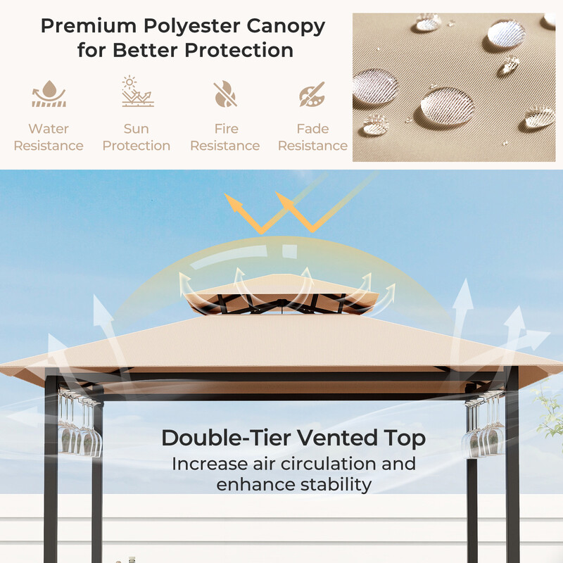 Bartisch med 2 barstolar och metallhyllor för trädgård, grillpaviljong med dubbeltak, brun