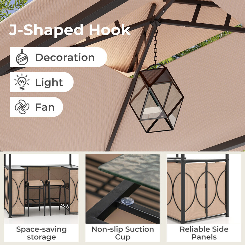 Bartisch med 2 barstolar och metallhyllor för trädgård, grillpaviljong med dubbeltak, brun