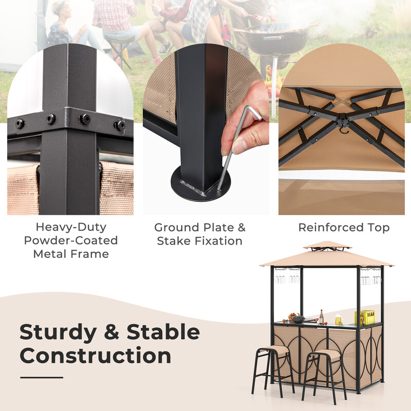 Bartisch med 2 barstolar och metallhyllor för trädgård, grillpaviljong med dubbeltak, brun