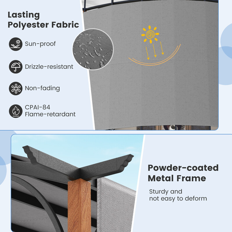 Grå pergola med justerbart tak och stabil ram för utomhusbruk 3,6 x 3 m