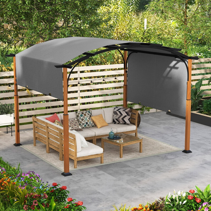 Grå pergola med justerbart tak och stabil ram för utomhusbruk 3,6 x 3 m