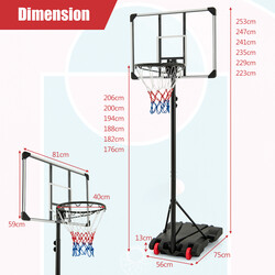 Justerbar basketställning för utomhusbruk, mobil och hållbar med svart backboard 176-206 cm