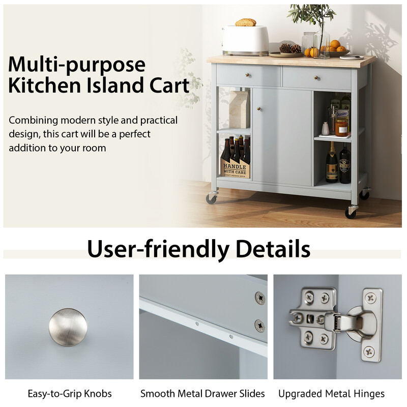 Köksvagn med hjul och arbetsyta, grå, med lådor och hyllor för flexibel förvaring