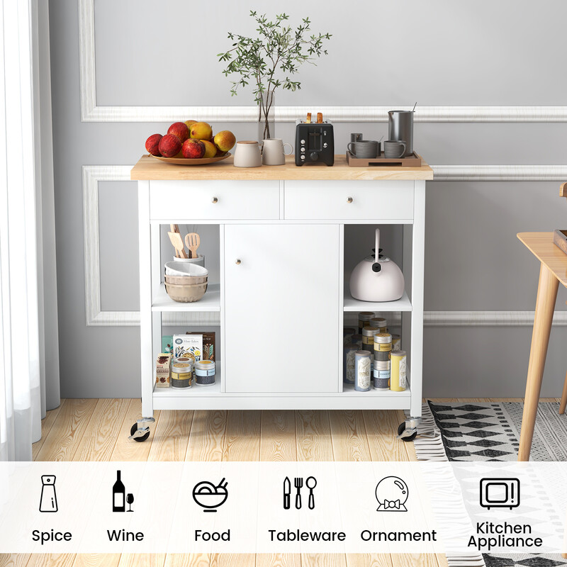 Köksvagn med hjul och arbetsyta, vit, med lådor och hyllor, 99 x 46 x 90 cm