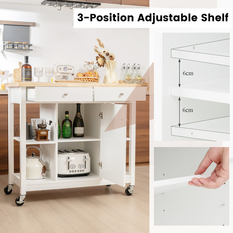 Köksvagn med hjul och arbetsyta, vit, med lådor och hyllor, 99 x 46 x 90 cm