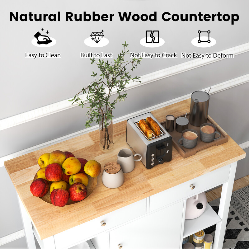 Köksvagn med hjul och arbetsyta, vit, med lådor och hyllor, 99 x 46 x 90 cm