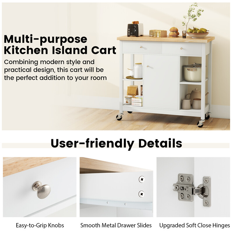 Köksvagn med hjul och arbetsyta, vit, med lådor och hyllor, 99 x 46 x 90 cm