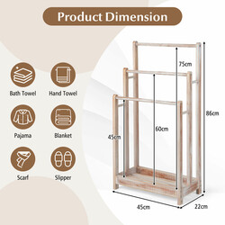 Fristående handduksställ i trä med tre stänger och förvaringshylla brun