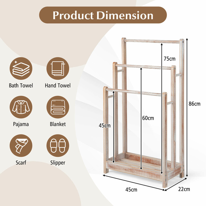 Fristående handduksställ i trä med tre stänger och förvaringshylla brun