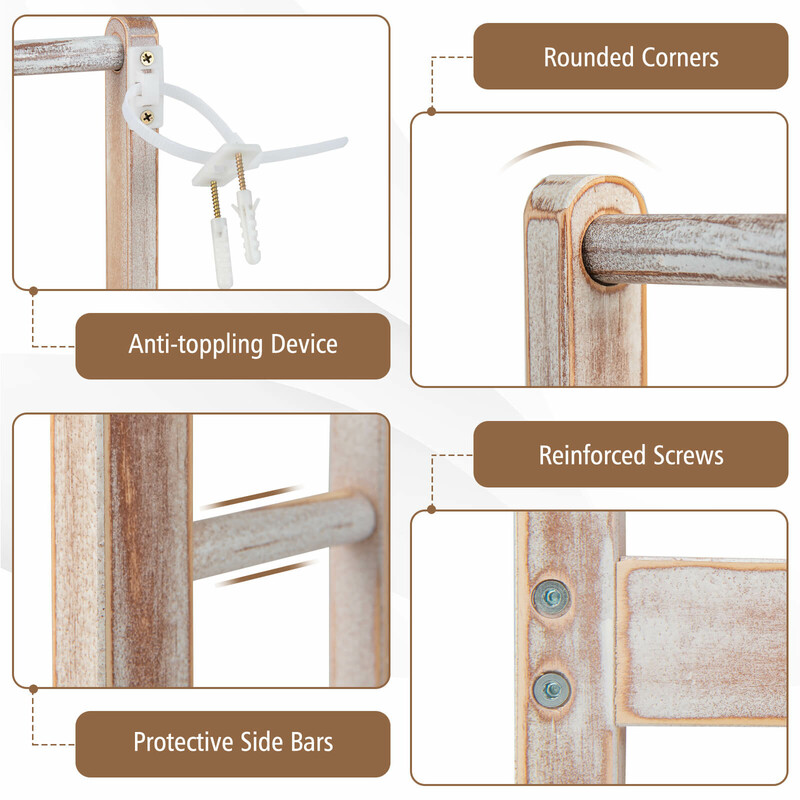 Fristående handduksställ i trä med tre stänger och förvaringshylla brun