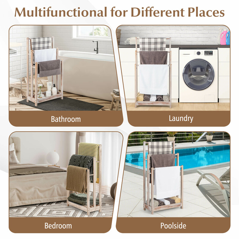 Fristående handduksställ i trä med tre stänger och förvaringshylla brun