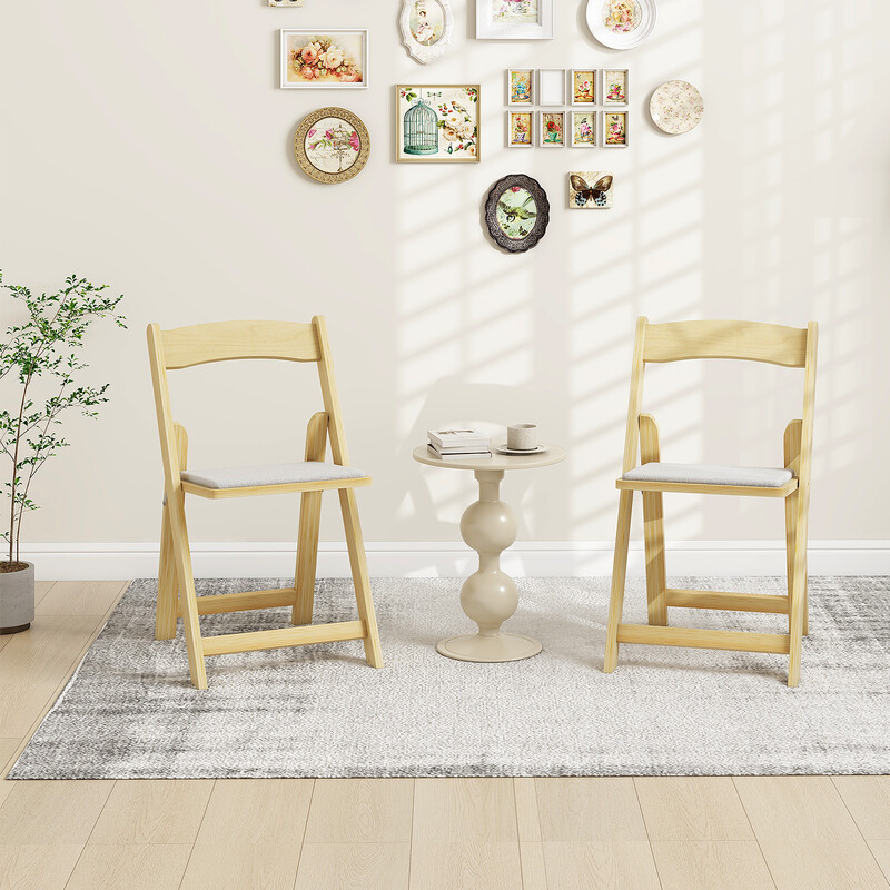 2-pack hopfällbara matstolar med vadderad sits i hållbart gummiträ för bekväm sittkomfort