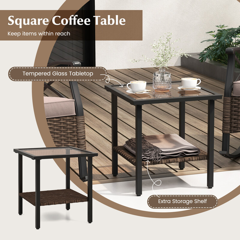 3-delat trädgårdsmöbelset i brun rotting med 2 gungstolar och bord för balkong