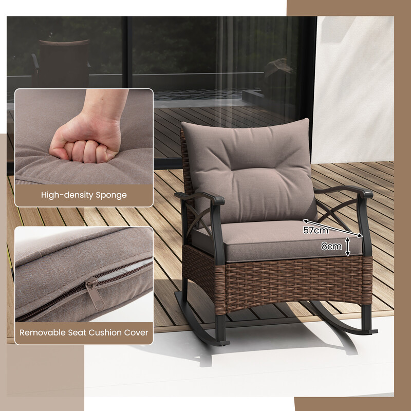 3-delat trädgårdsmöbelset i brun rotting med 2 gungstolar och bord för balkong