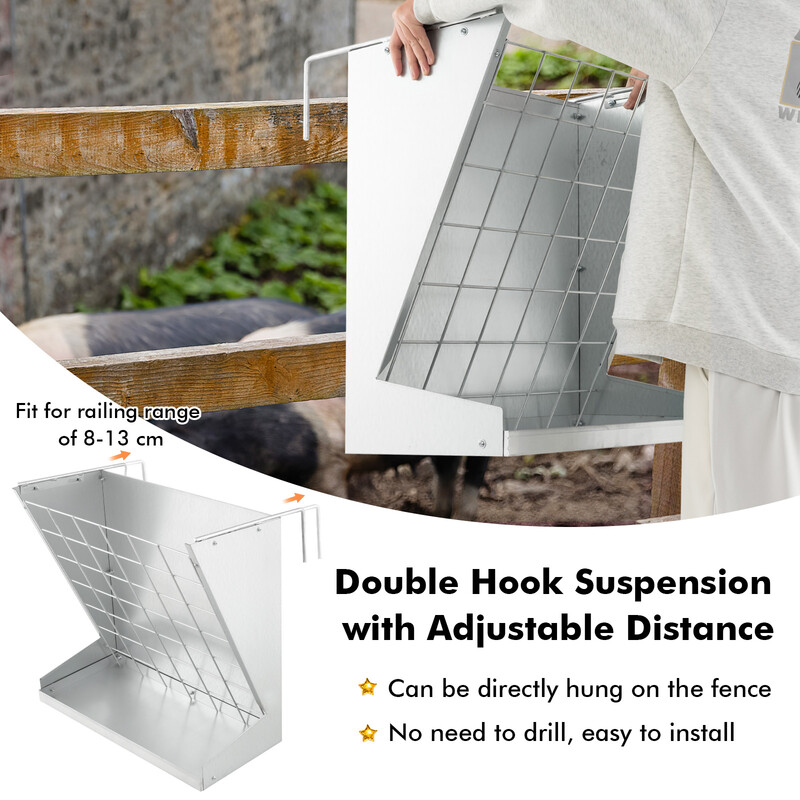 2-i-1 hö- och spannmålstråg i galvaniserad metall med justerbart avstånd och nät