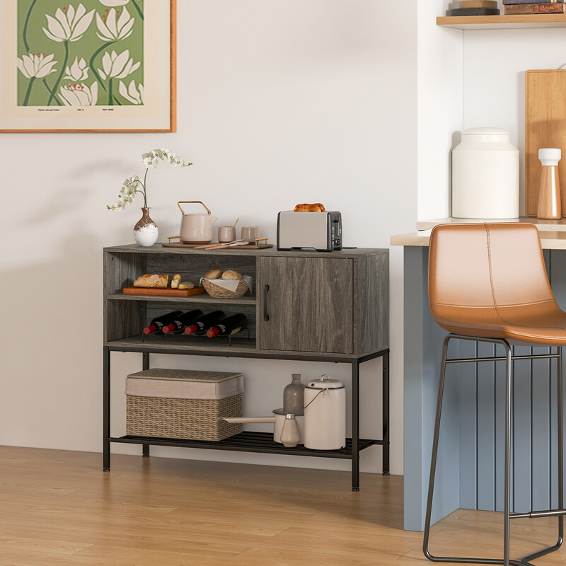 Barskåp med vinställ och hyllor i trä och metall för matsal, grå 100 x 35 x 83 cm