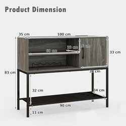 Barskåp med vinställ och hyllor i trä och metall för matsal, grå 100 x 35 x 83 cm