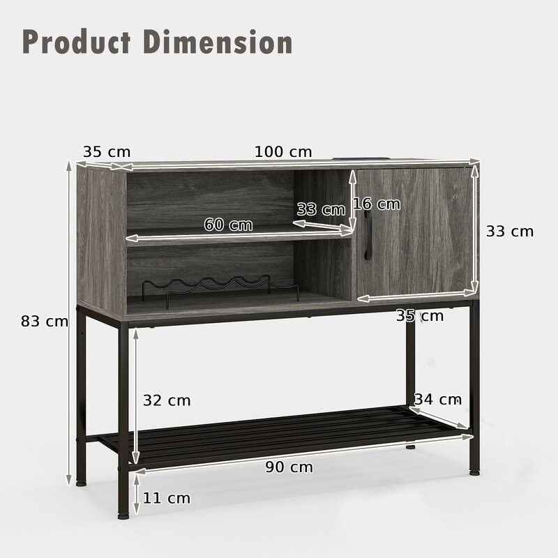 Barskåp med vinställ och hyllor i trä och metall för matsal, grå 100 x 35 x 83 cm