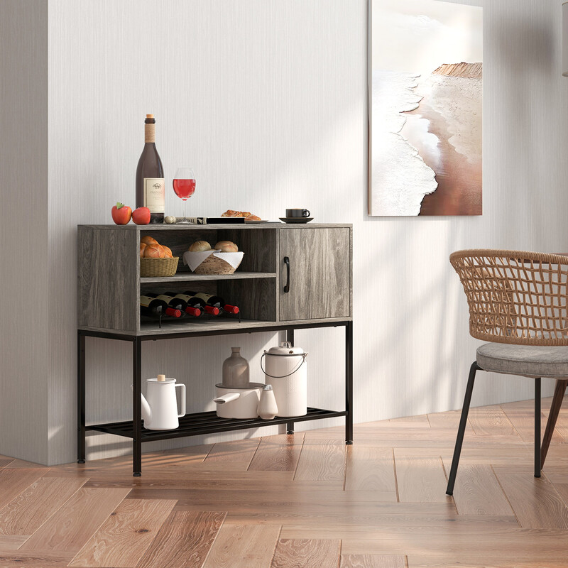 Barskåp med vinställ och hyllor i trä och metall för matsal, grå 100 x 35 x 83 cm