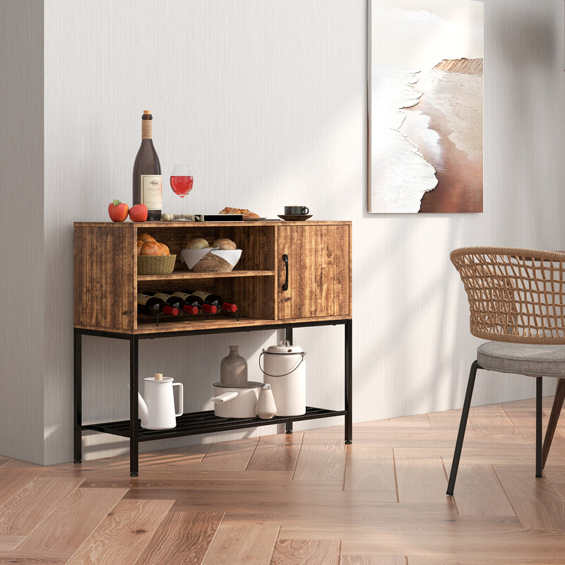 Elegant barskåp med vinställ och förvaringshyllor i trä och metall för matsal
