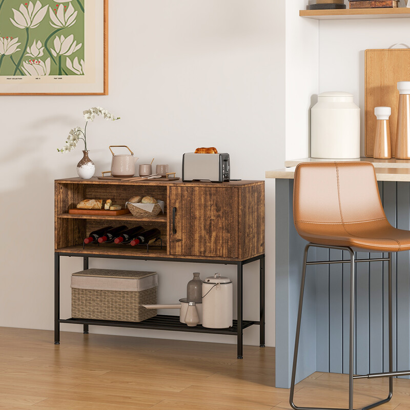 Elegant barskåp med vinställ och förvaringshyllor i trä och metall för matsal