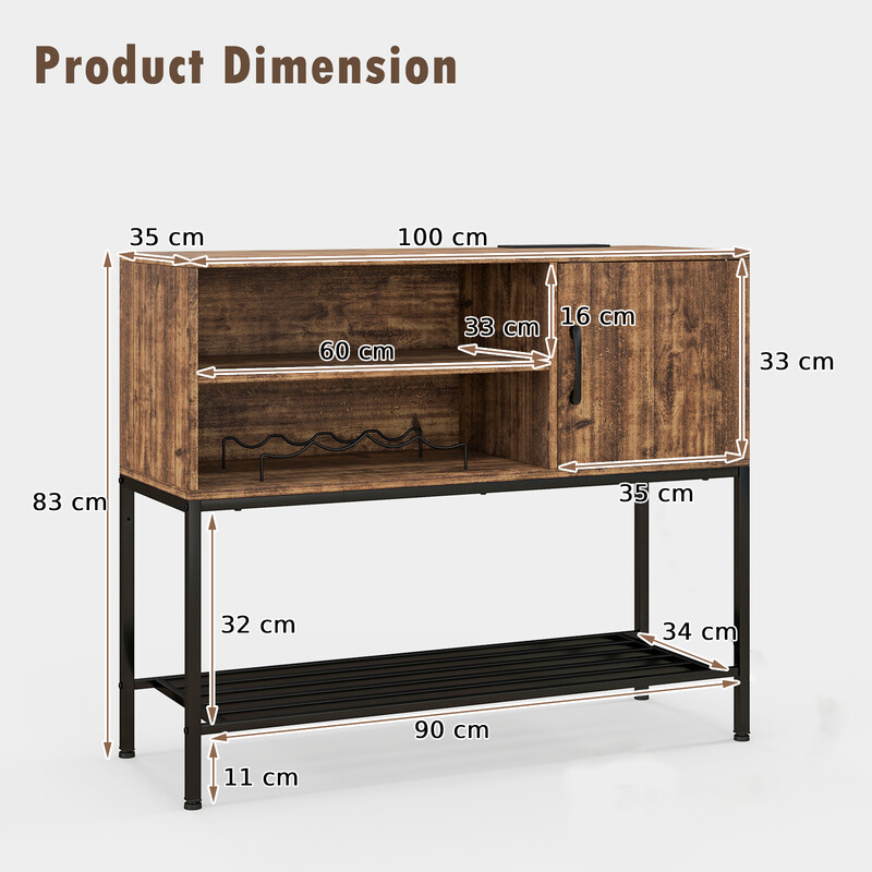 Elegant barskåp med vinställ och förvaringshyllor i trä och metall för matsal