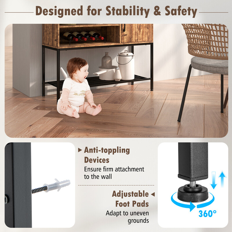 Elegant barskåp med vinställ och förvaringshyllor i trä och metall för matsal