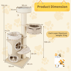 Klätterträd för katter med tvåvåningshus, hängmatta och klöspelare i naturlig färg