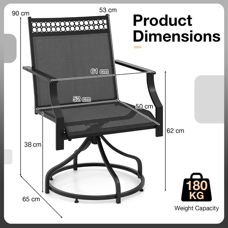 Svarta trädgårdsstolar 360° vridbara 2-pack med snabbtorkande tyg 65 x 61 x 90 cm
