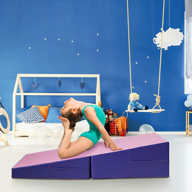 Ergonomisk kilformad träningsmatta vikbar med bärhandtag 150x75x36 cm lila/rosa