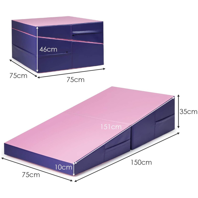 Ergonomisk kilformad träningsmatta vikbar med bärhandtag 150x75x36 cm lila/rosa