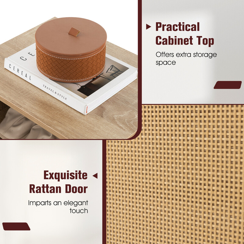 Rottingskoskåp med bänk 2-i-1 justerbara hyllor och bekväm sittdyna 105x35x76 cm natur