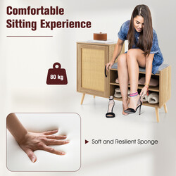 Rottingskoskåp med bänk 2-i-1 justerbara hyllor och bekväm sittdyna 105x35x76 cm natur