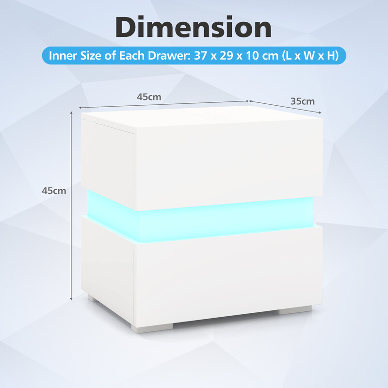 LED-sängbord med två lådor och fjärrkontroll, dynamisk belysning, 45 x 35 x 45 cm, svart