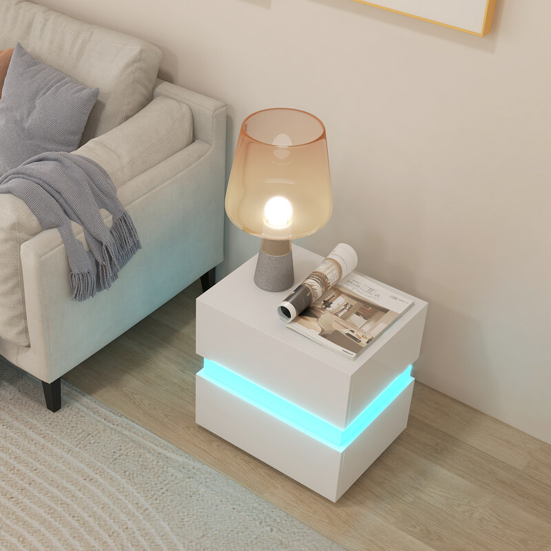 LED-sängbord med två lådor och fjärrkontroll, dynamisk belysning, 45 x 35 x 45 cm, svart