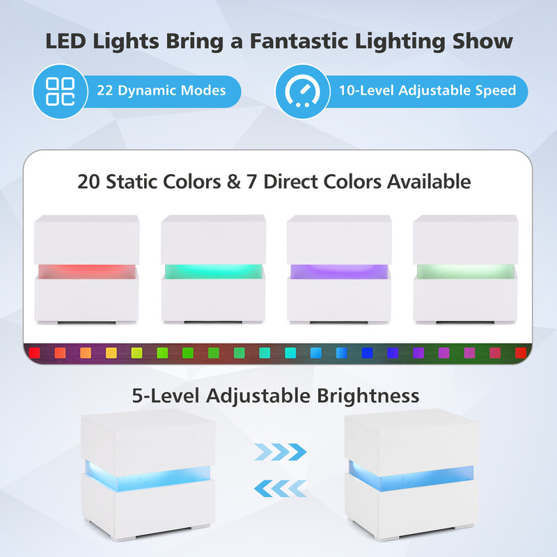LED-sängbord med två lådor och fjärrkontroll, dynamisk belysning, 45 x 35 x 45 cm, svart