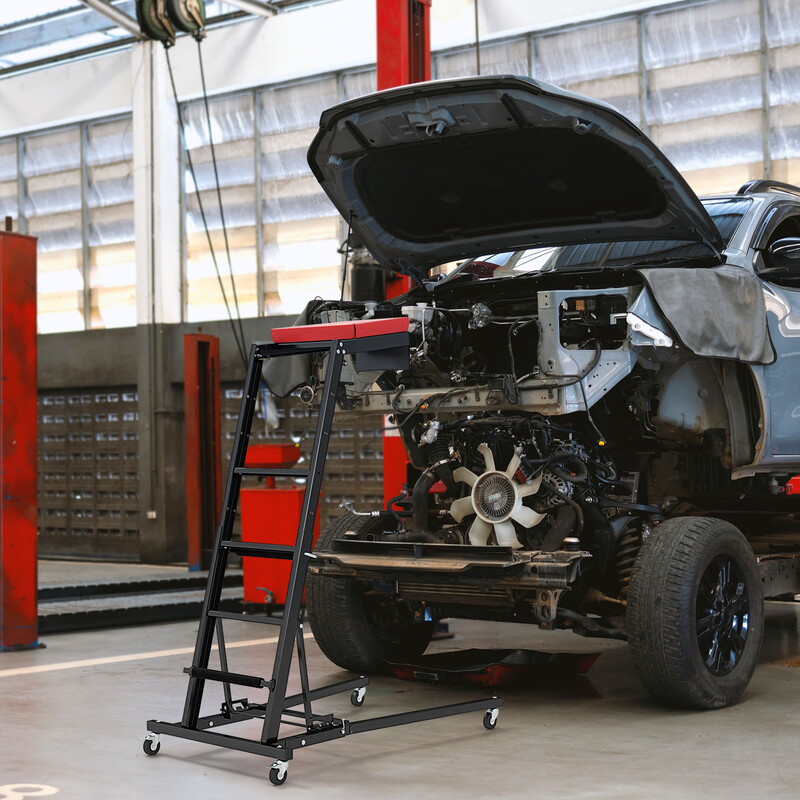 Hopfällbar arbetsbänk med justerbar höjd och vinkel för fordonsunderhåll och reparationer