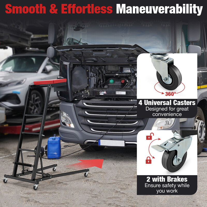 Hopfällbar arbetsbänk med justerbar höjd och vinkel för fordonsunderhåll och reparationer