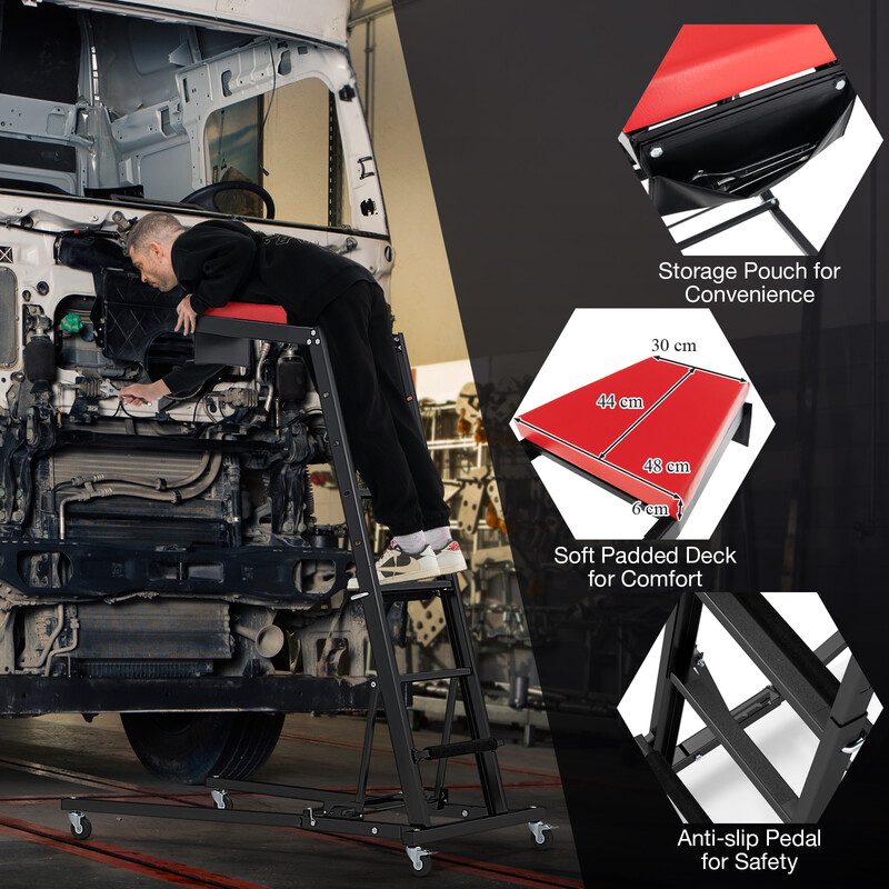 Hopfällbar arbetsbänk med justerbar höjd och vinkel för fordonsunderhåll och reparationer