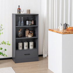 Grå bokhylla med låda och 4 hyllplan i trä, 120 cm hög