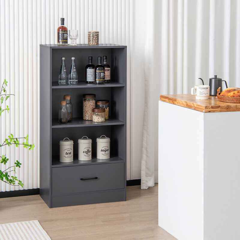 Grå bokhylla med låda och 4 hyllplan i trä, 120 cm hög