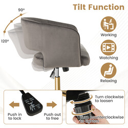 Modern grå sammetskontorsstol med justerbar höjd och gyllene bas för elegant komfort