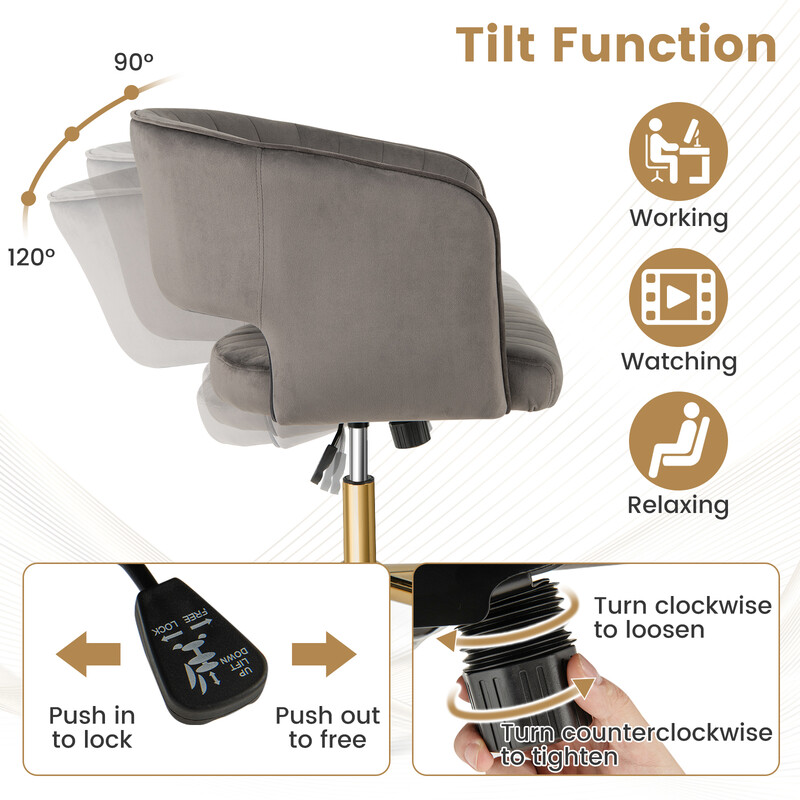 Modern grå sammetskontorsstol med justerbar höjd och gyllene bas för elegant komfort