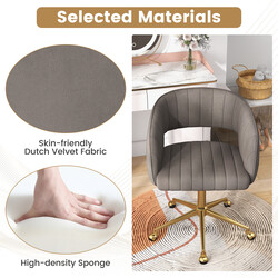 Modern grå sammetskontorsstol med justerbar höjd och gyllene bas för elegant komfort