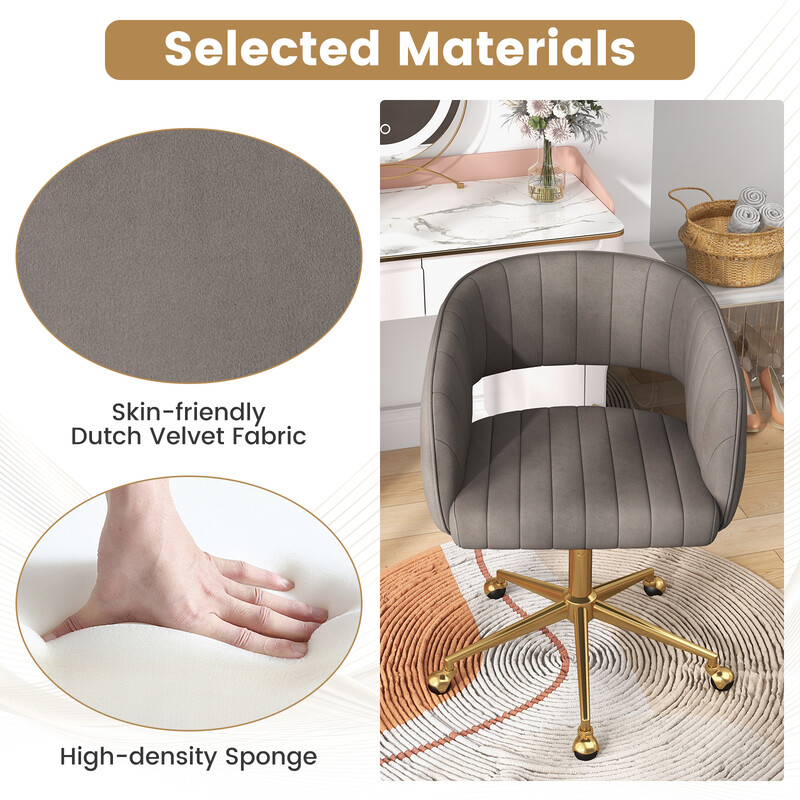 Modern grå sammetskontorsstol med justerbar höjd och gyllene bas för elegant komfort