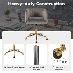 Modern grå sammetskontorsstol med justerbar höjd och gyllene bas för elegant komfort