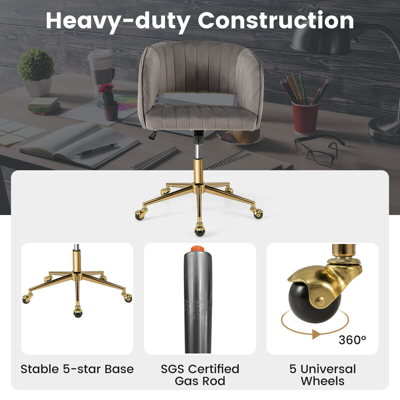 Modern grå sammetskontorsstol med justerbar höjd och gyllene bas för elegant komfort